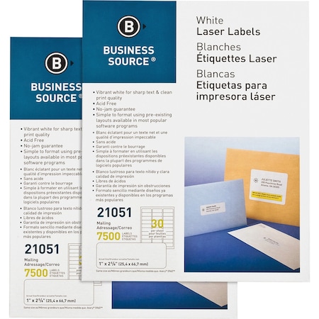 Business Source Laser Labels, 1" x 2.625", White, 15000 ct BSN21051CT